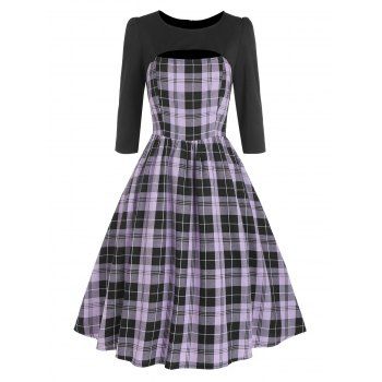 

Plaid Cut Out Three Quarter Sleeve Dress, Purple