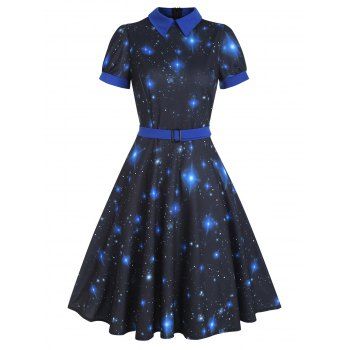 Vintage Galaxy Starry Print Retro Puff Sleeve Belted Flare A Line Dress