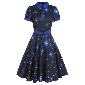 

Vintage Galaxy Starry Print Retro Puff Sleeve Belted Flare A Line Dress, Blue