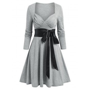 

Ruched Bust Belted Bowknot Long Sleeve A Line Dress, Light gray