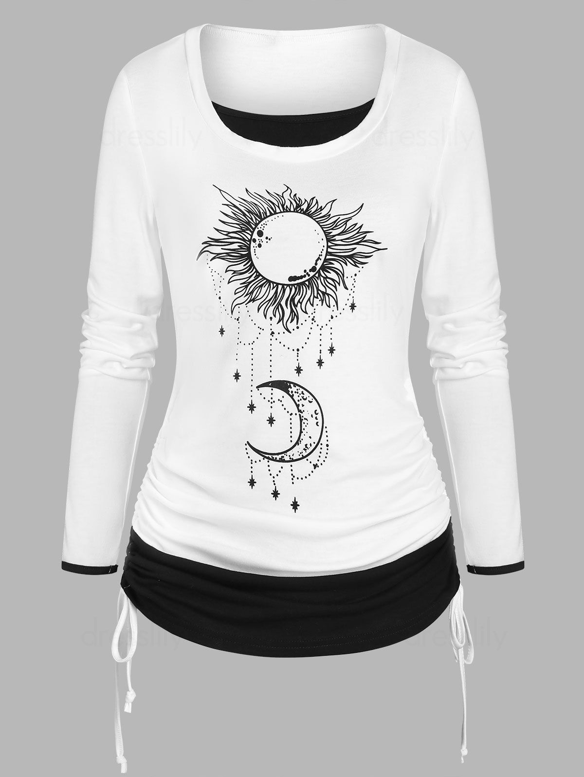 T-shirt à Imprimé Soleil et Lune 2 en 1 à Manches Longues - Blanc XL