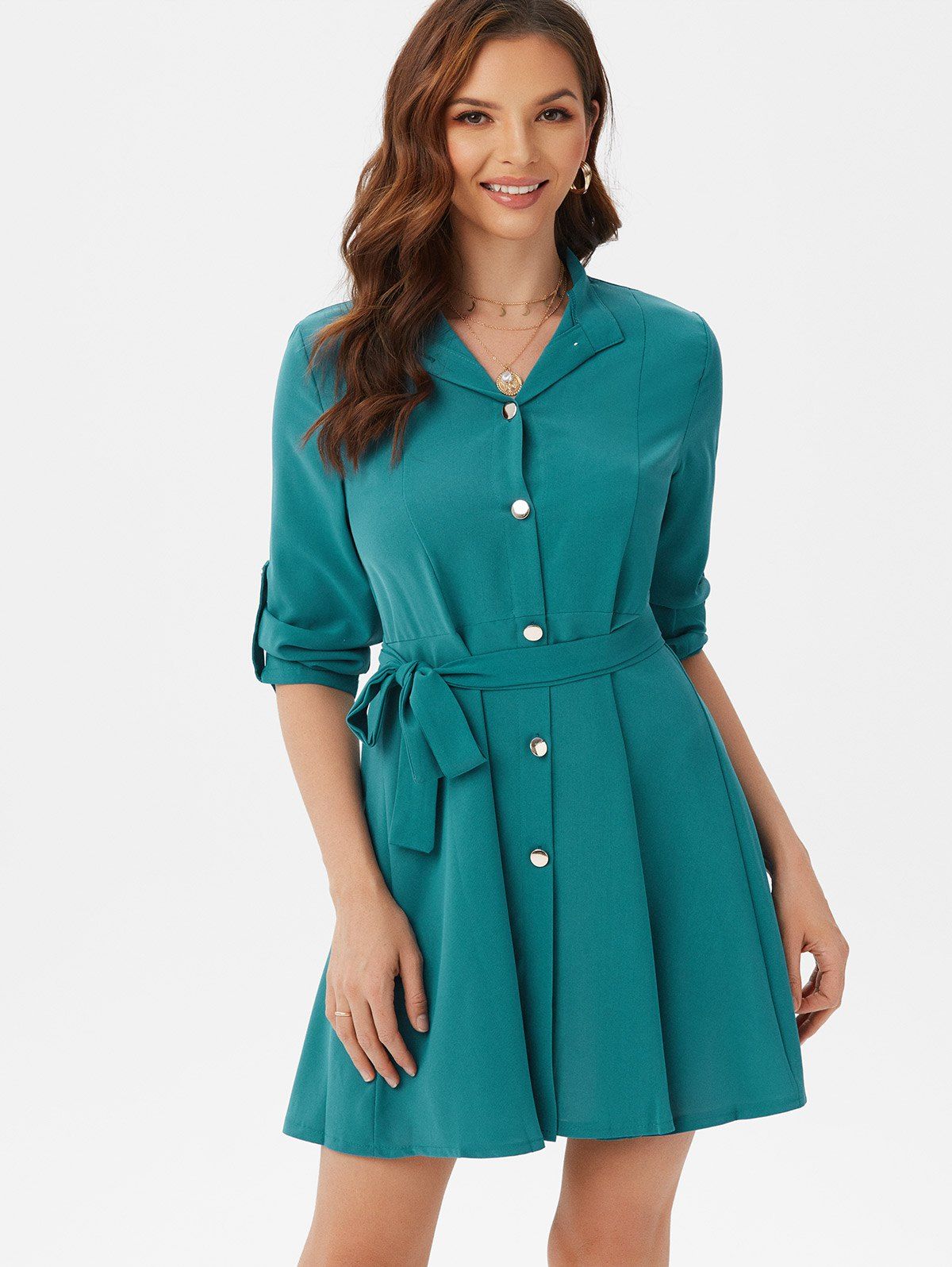 Roll Up Sleeve Button Up Shirt Dress - DEEP GREEN XL