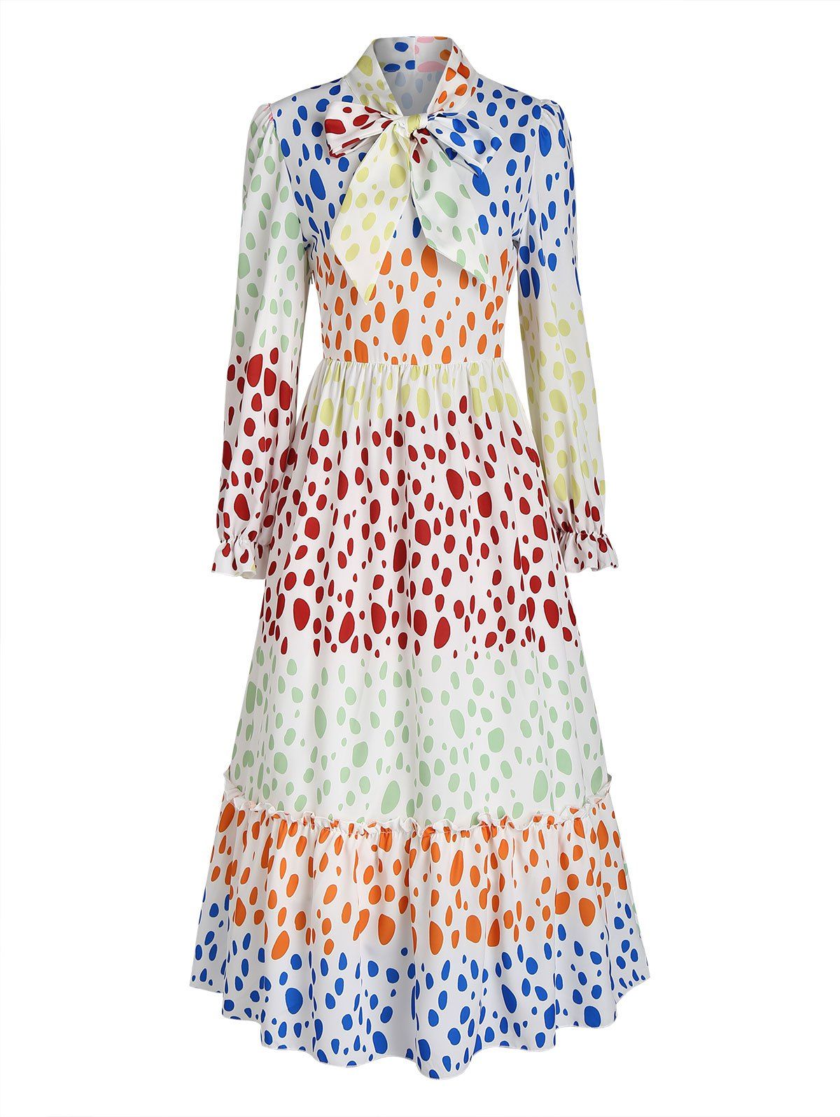 Bow Tie Colorful Spotted Print Maxi Dress - multicolor S
