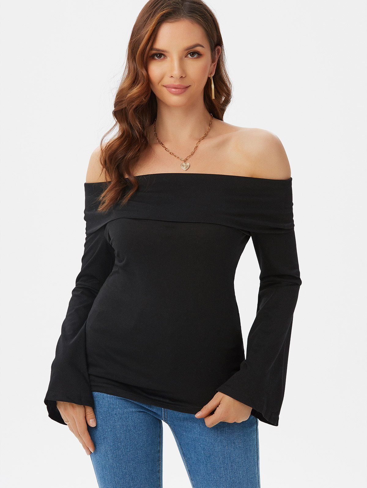 Off The Shoulder Flare Bell Sleeve Fold Over T-shirt - BLACK XXXL