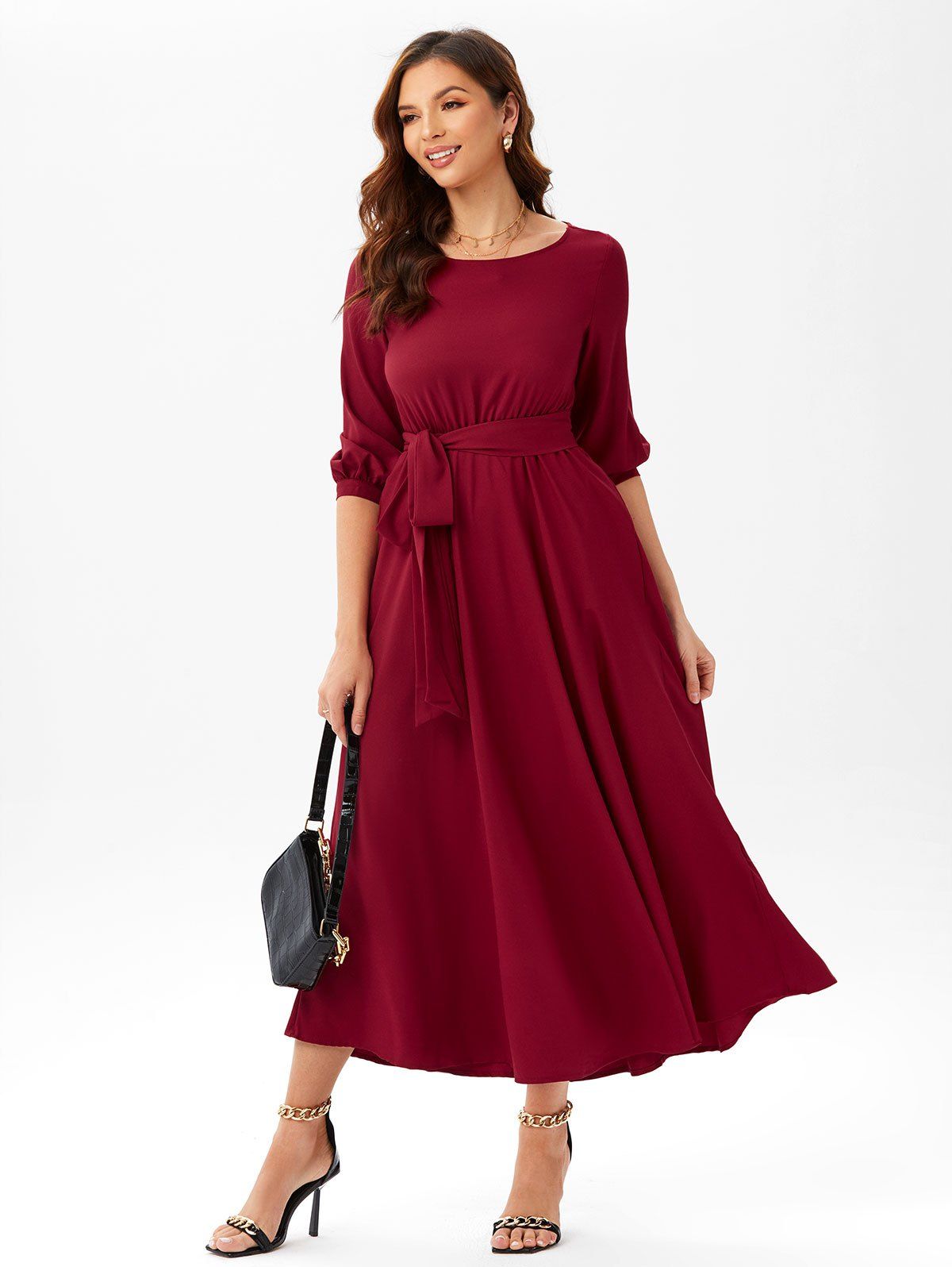 Belted Lantern Sleeve Maxi Prom Dress - DEEP RED M
