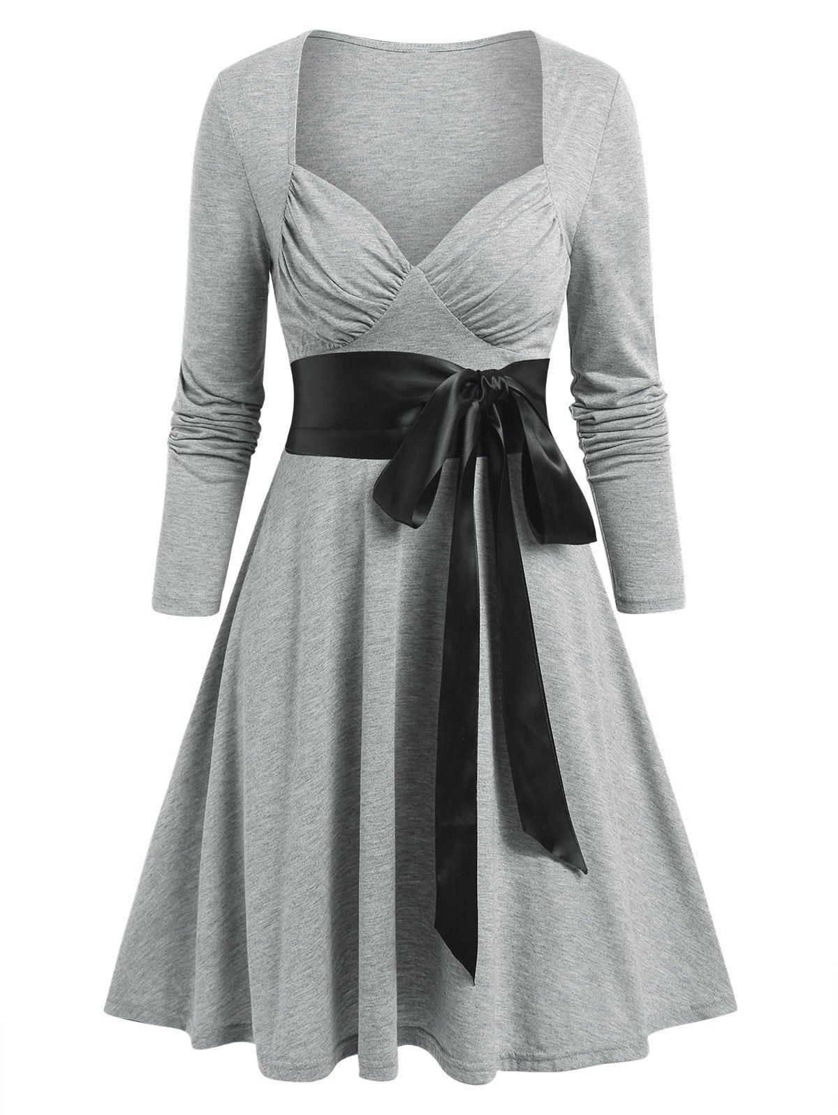Ruched Bust Belted Bowknot Long Sleeve A Line Dress - LIGHT GRAY L