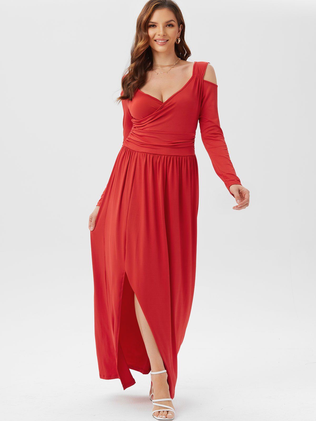 Cold Shoulder High Slit Maxi Dress - RED M
