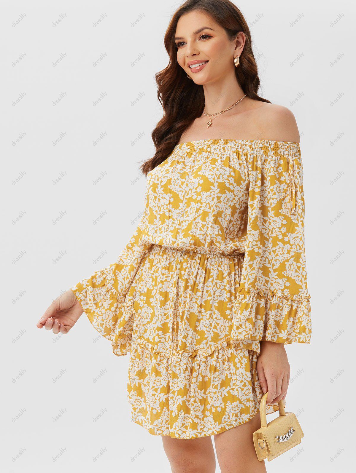Floral Print Vacation Mini Dress Off The Shoulder Bell Sleeve Cottagecore Dress 