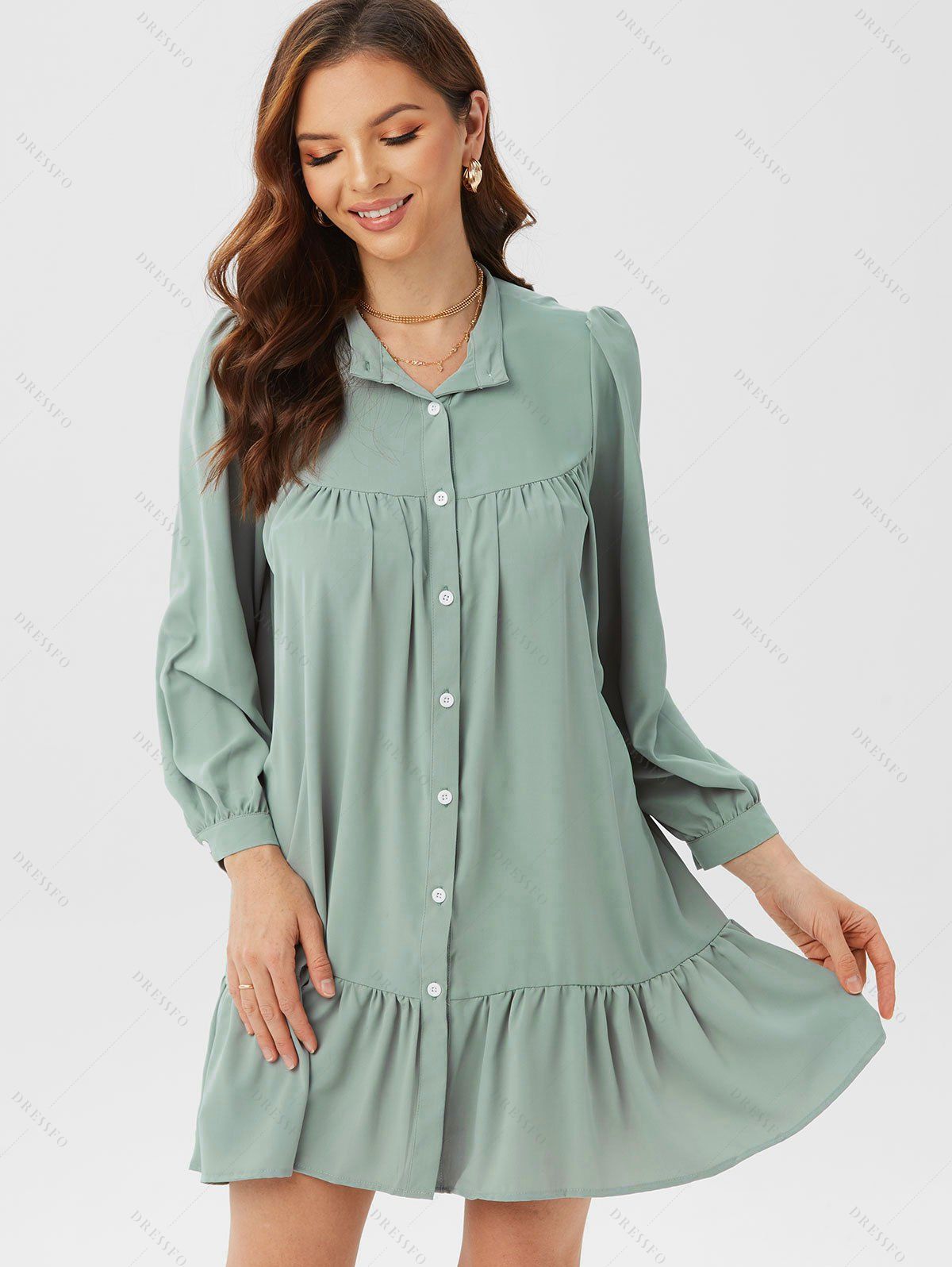 Button Up Pleat Flounce Mini Dress - LIGHT BLUE XL