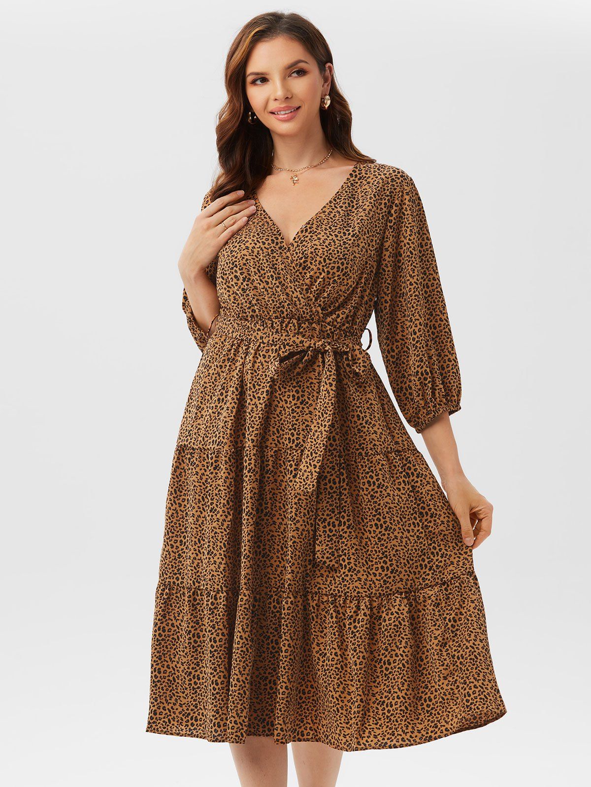 Leopard Belted Surplice Dress - COFFEE XL
