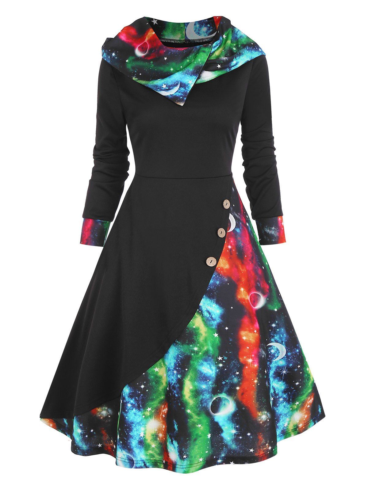 Gothic Contrast Galaxy Print Hooded Mock Button A Line Dress - multicolor M
