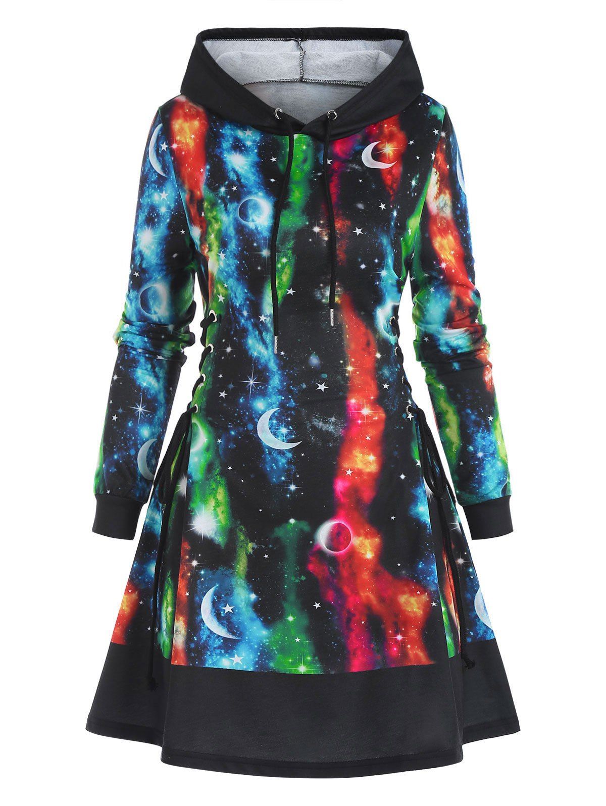 Allover Galaxy Starry Print Lace Up Drawstring Hooded A Line Dress - multicolor M