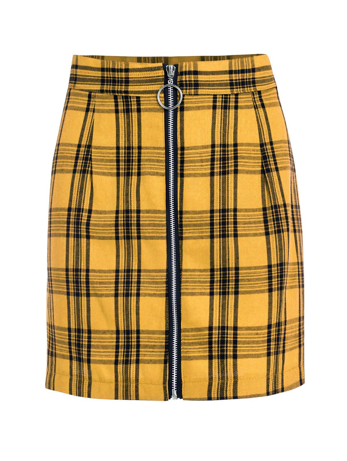 Front Zip Plaid Mini Skirt - YELLOW L