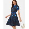Vintage Galaxy Starry Print Retro Puff Sleeve Belted Flare A Line Dress - BLUE S