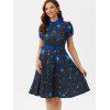 Vintage Galaxy Starry Print Retro Puff Sleeve Belted Flare A Line Dress - BLUE S
