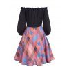 Ruffle Off Shoulder Bowknot Plaid Dress - multicolor 2XL