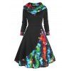 Gothic Contrast Galaxy Print Hooded Mock Button A Line Dress - multicolor M