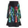 Allover Galaxy Starry Print Lace Up Drawstring Hooded A Line Dress - multicolor M