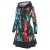 Allover Galaxy Starry Print Lace Up Drawstring Hooded A Line Dress - multicolor L