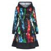 Allover Galaxy Starry Print Lace Up Drawstring Hooded A Line Dress - multicolor XXL
