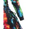 Allover Galaxy Starry Print Lace Up Drawstring Hooded A Line Dress - multicolor XXL