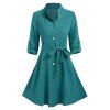 Roll Up Sleeve Button Up Shirt Dress - DEEP GREEN XL