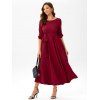 Belted Lantern Sleeve Maxi Prom Dress - DEEP RED L