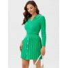 Ribbed V Notched Buttoned Pleated Skirt Set - GREEN L
