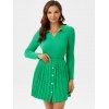 Ribbed V Notched Buttoned Pleated Skirt Set - GREEN M