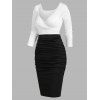 Long Sleeve Two Tone Ruched Bodycon Dress - WHITE M