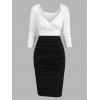Long Sleeve Two Tone Ruched Bodycon Dress - WHITE XL