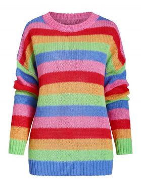Colorful Stripes Crew Neck Drop Shoulder Sweater