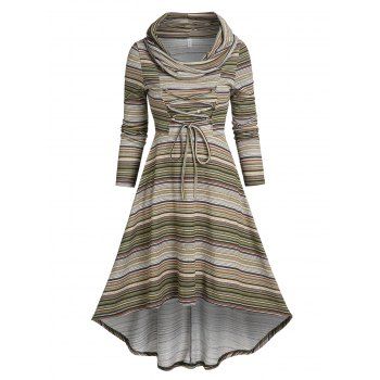 

Lace Up Colorful Stripe Cowl Neck High Low Dress, Coffee