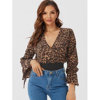 

Leopard Poet Sleeve Surplice Bodysuit, Coffee