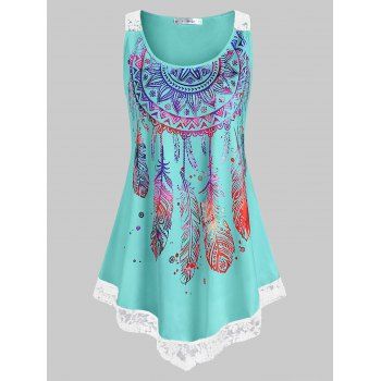

Plus Size Lace Insert Feather Print Tank Top, Macaw blue green