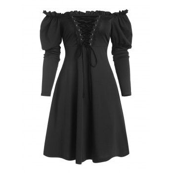 

Lace Up Ruffle Off Shoulder Lace Insert Dress, Black