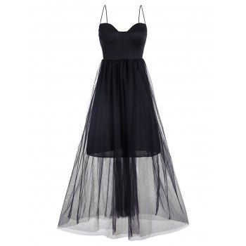 

Croset Style Party Dress See Thru Tulle Mesh Overlay Midi Dress Spaghetti Strap Cupped Dress, Black