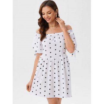

Polka Dot Off Shoulder Ruffle Tied Dress, White