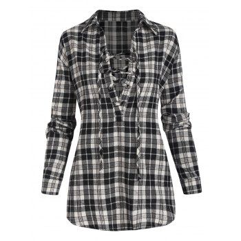 

Plaid Flannel Lace Up Long Sleeve Blouse, Black