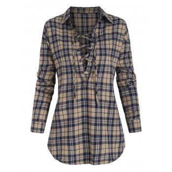 

Plaid Flannel Lace Up Long Sleeve Blouse, Light coffee