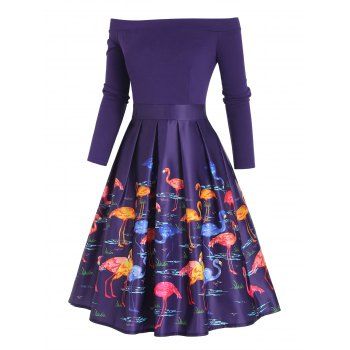 

Off Shoulder Flamingo Print Long Sleeve Vintage Dress, Purple