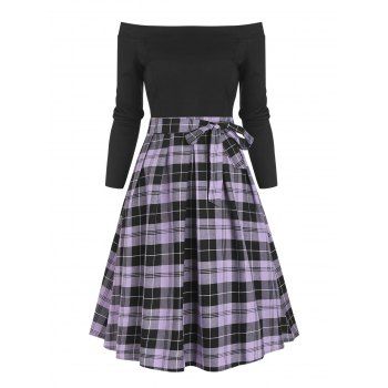 

Long Sleeve Tie Waist Plaid Off Shoulder Dress, Purple