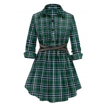 

Plaid Flannel Studded Half Placket Tunic Shirt, Green