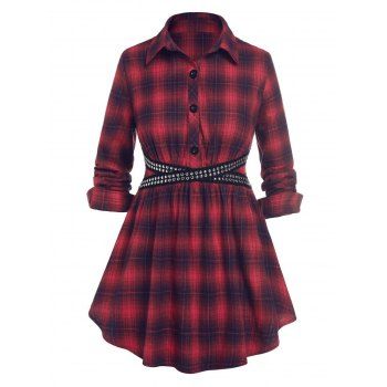 

Plaid Flannel Studded Half Placket Tunic Shirt, Red