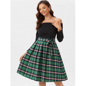 

Long Sleeve Tie Waist Plaid Off Shoulder Dress, Green