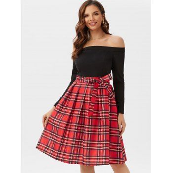

Long Sleeve Tie Waist Plaid Off Shoulder Dress, Red