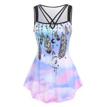 

Dreamcatcher Print Crisscross Keyhole Tank Top, Light purple