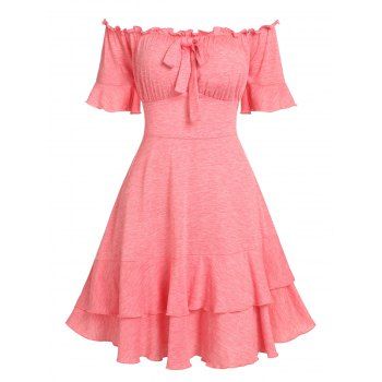 

Bowknot Off The Shoulder Ruched Bust Flounced Dress, Light pink