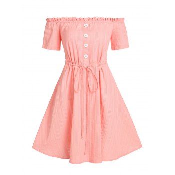 

Off The Shoulder Mini Dress Ruffled Drawstring Waist A Line Dress Half Mock Button Short Sleeve Dress, Light pink