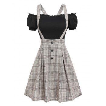 

Vintage Ruched Off The Shoulder Tee and Crisscross Plaid Suspender Skirt Set, Multicolor